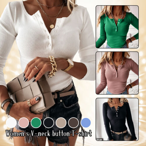 Women's Button Tee Tops V Neck T Shirt Blouse Ladies Long Sleeve Tight Shirts - Picture 1 of 19