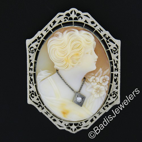 Large Vintage 14K White Gold Carved Shell Cameo w/ Diamond Filigree Pin Brooch - Picture 2 of 5
