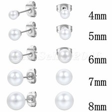4-8mm Imitation Pearl Round Ball Stainless Steel Pin Ear Stud Earrings Piercing