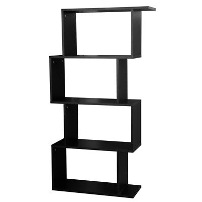 Schwarz 4-stufig Holz S-förmiges Bücherregal Wohnzimmer Moderne Vitrine Regale Aufbewahrung