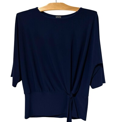 Clara Sun Woo | Top 3/4 Sleeves Stretch Tie Front Navy- Size XS