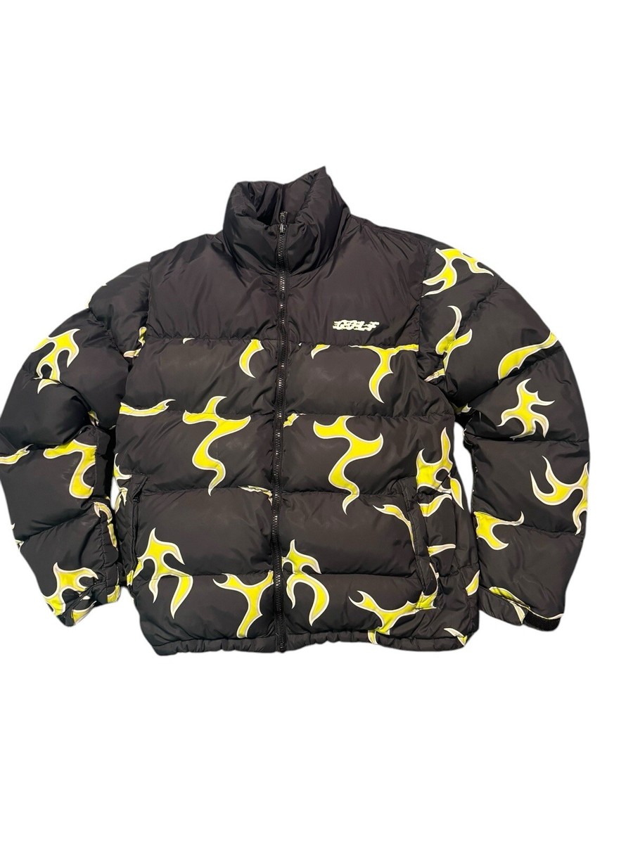 golf wang LEATHER FLAME PUFFY JACKET ダウン Golf Wang Flame Puffer jacket Size Medium Black /Yellow