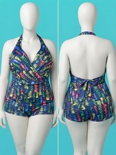 Vintage 1970s Squiggle Print Halter Bathing Suit Size 14 Large
