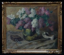 Charles Goebbels (1857-?) Still Life Aux Lilac Oil/Canvas Frame Wood Flowers
