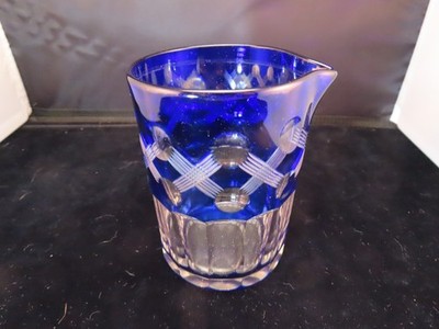 Bohemian Cobalt Blue over Clear Cased Cut Glass Cream Jar / Pitcher