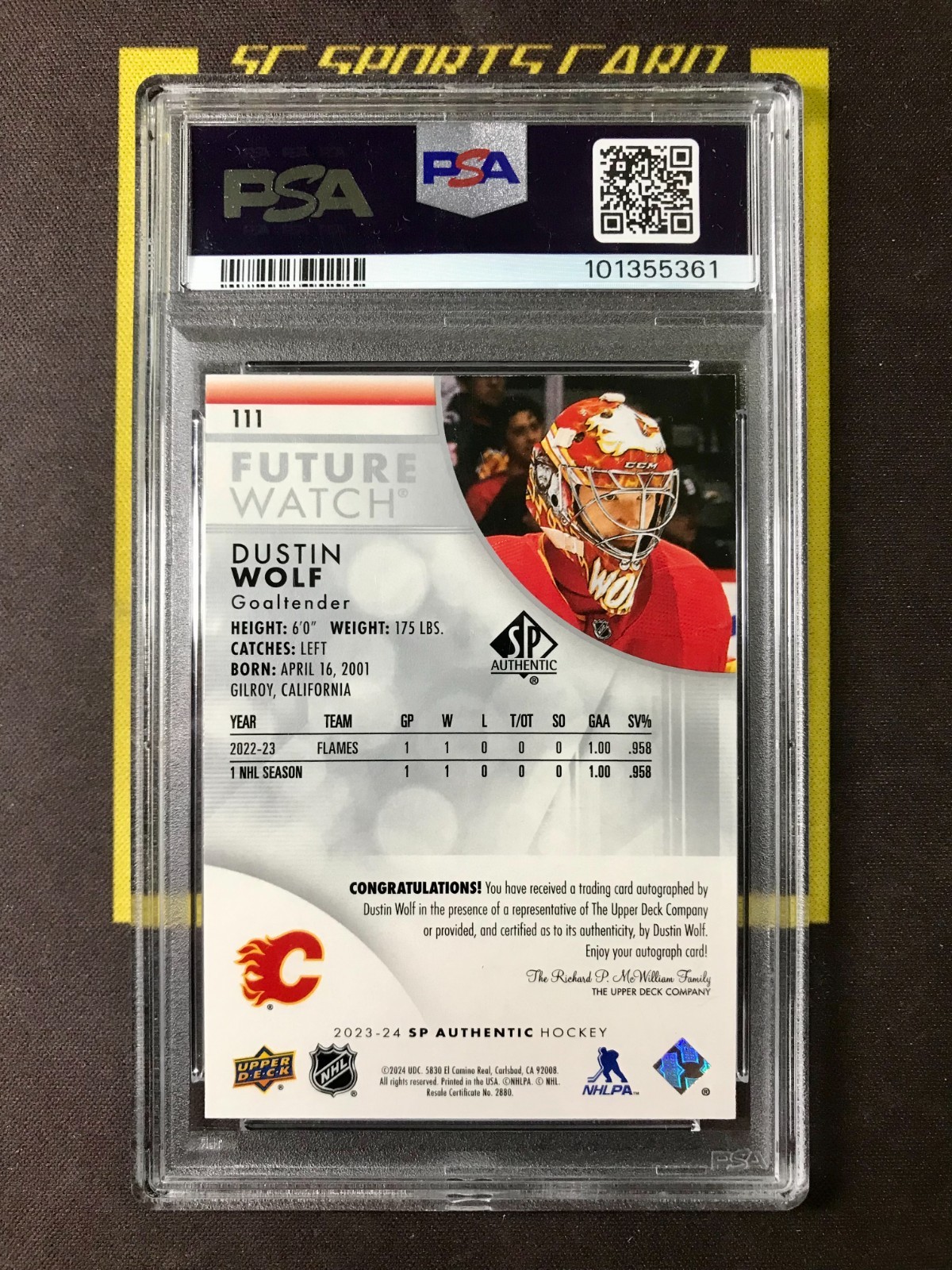 2023 UD SP Authentic Future Watch Auto 655/999 Dustin Wolf PSA 9 FCLX view 2