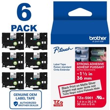 Genuine Brother TZe-S961 Strong Adhesive BLK on Silver 1 1/2" Label Tape 6-PACK