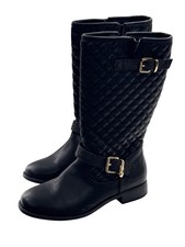 Skechers Girls Black Quilted Knee-High Boots With Gold Buckles Side Zippers -