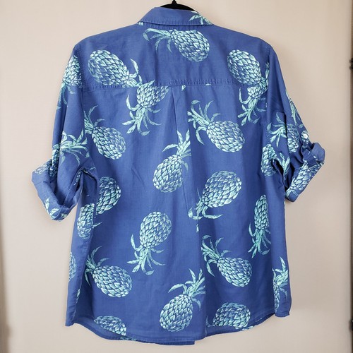 Sonoma Womans Shirt XL Blue Pineapples Cotton Roll Up Roll Tab 3/4 Sleeves - Picture 2 of 10