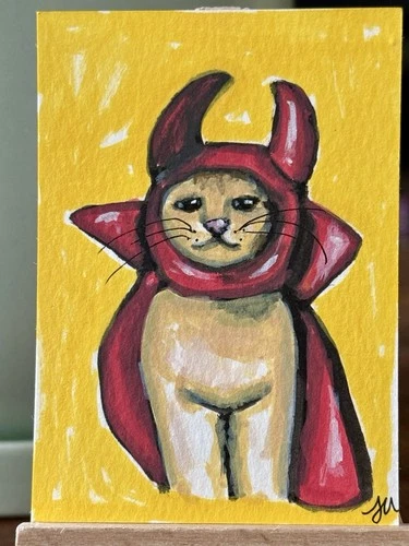 Cat Halloween Costume ACEO original painting 2.5x3.5”stylishrebellioncollective