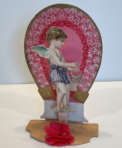 Vintage Valentine Victorian Germany Cupid W Key Ring 3D Stand Up Embossed Roses
