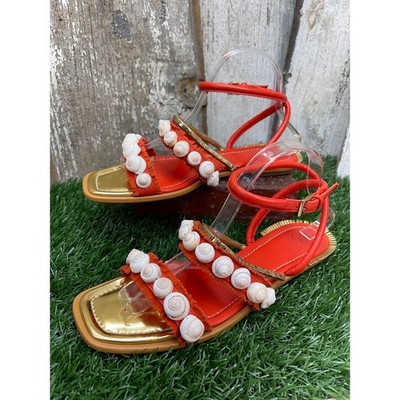 Tory Burch Sinclair Seashell Ankle-Wrap Sandal Coral Orange Red Women's 9.5M