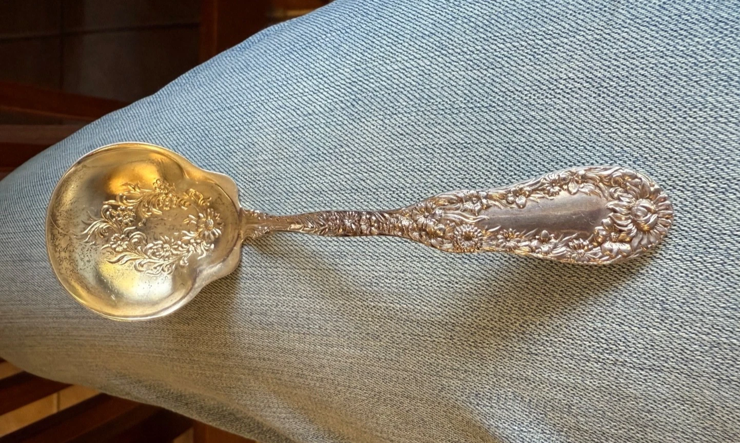 antique 1896 gilt gold wash bowl sterling cream ladle 5&1/8” Domick & Haff no.10
