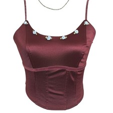 Satin Corset Crop Top Ribbon Roses Smocked Womens XXS Coquette Fairy Goth
