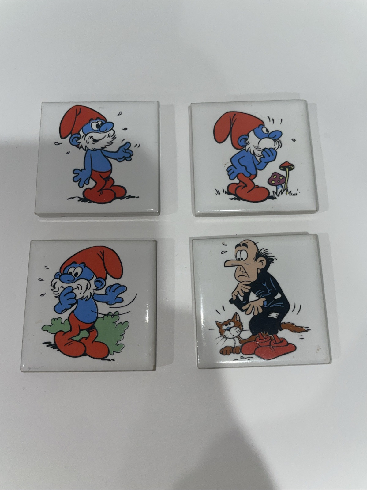 Vintage Smurf Glass Tile Magnets Papa Smurf Gargamel Japan 4pc Set