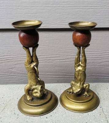 1977 Arthur Court Brass Acrobat Cat & Frog Candle Stick Holders Vintage