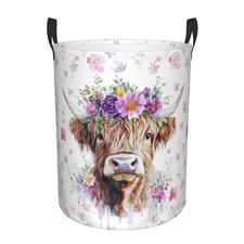 Highland Cow Laundry Basket Pink Floral Highland Cow Collapsible Laundry Hamp...