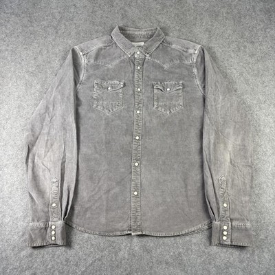 AllSaints Hemd Herren Large Grau Cord Corduane Western Pearl Snap Up Freizeit
