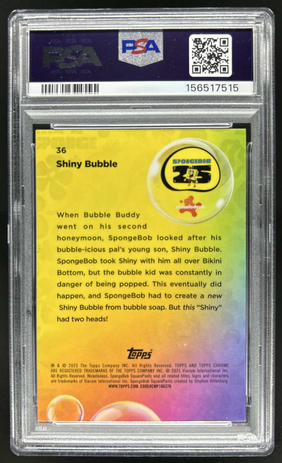 2025 Topps Chrome SpongeBob Squarepants Sapphire Shiny Bubble #36 PSA 10 POP 3 view 2