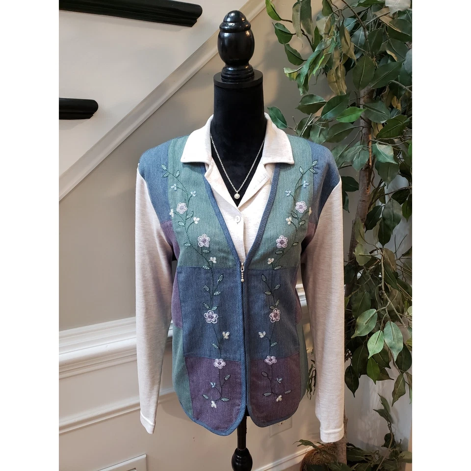 Cárdigan para mujer Alfred Dunner talla L bordado con cremallera verde/azul Foto 2 de 4