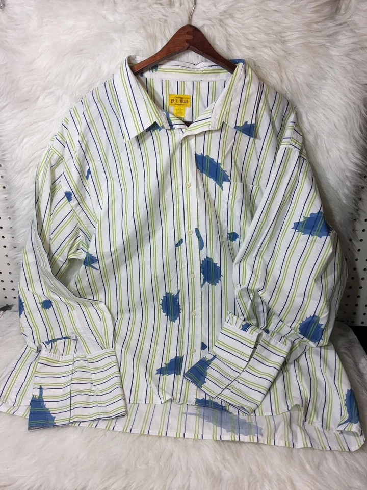 De Colección Y2K PJ Mark Para Hombre Talla 3XL Camisa Azul Manga Pintura Salpicaduras Trabajo Botón Estampado Foto 2 de 4