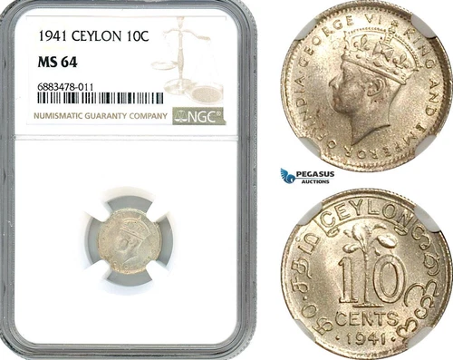 AJ576, Ceylon, George VI, 10 Cents 1941, Calcutta Mint, Silver, NGC MS64