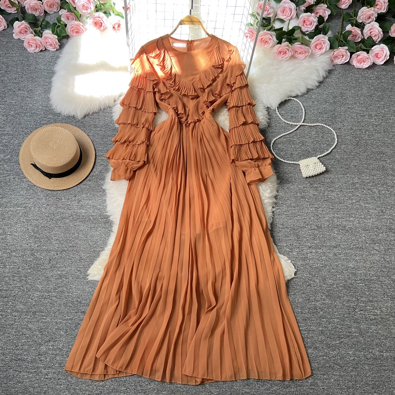 Women Chiffon Pleated Dress Ruffle Layered Sleeve Swing Dancewear Party  Elegant