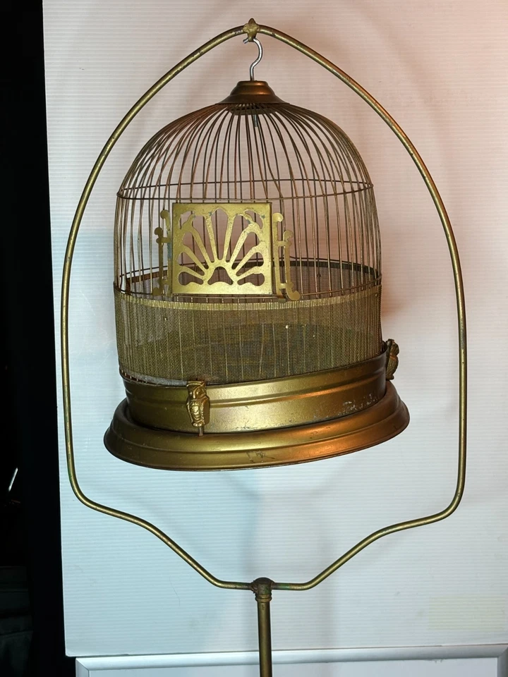Antigua jaula para pájaros de alambre dorado corona de 1920 anillo Art Deco soporte de piso base de hierro fundido Foto 2 de 4