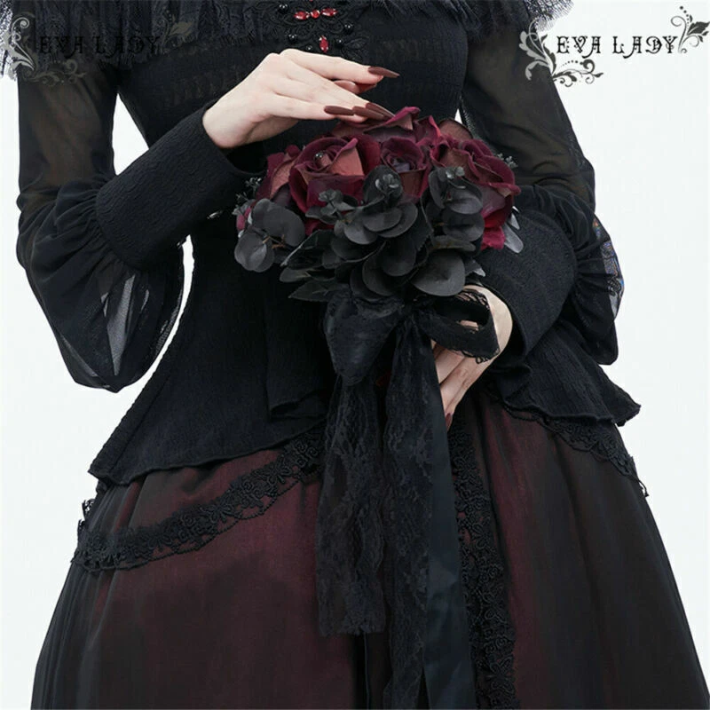 Eva Dama Gótico Boda Ramo Calla Novia Sosteniendo Flores Artificial Seda Rosa Foto 2 de 4