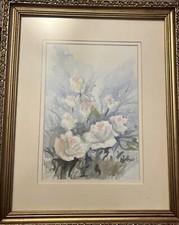 Vintage Roses Print Framed In Gold Pink Flowers Double Matted White 16  x12.5  