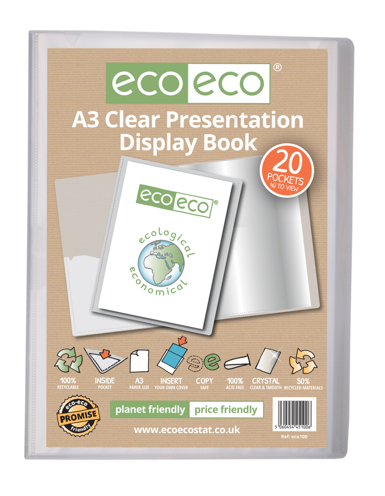 Eco-Eco A3 50%Recycled 20 Pocket Clear Display Book–Eco-Friendly Art & Document