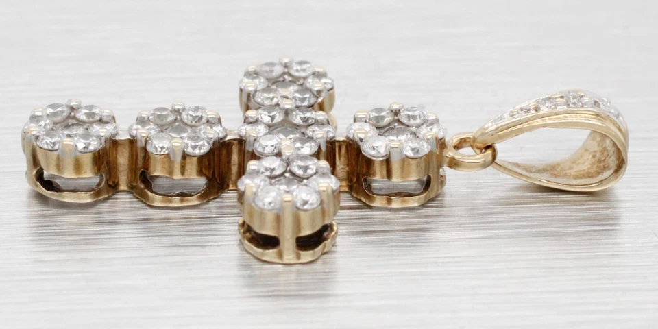 Vintage 0.50 ctw Diamond Cluster Cross Pendant - 14k Yellow Gold - Floral Motif - Image 4 of 4