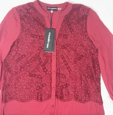Karl Lagerfeld Paris Maroon Lace Mesh 3/4 Sleeve Business Blouse Top Sz S NWT