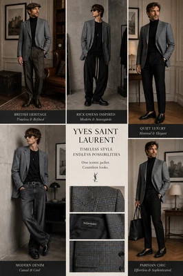 Yves Saint Laurent Vintage Jacket L/XL Wolle Seide Prince of Wales Grau Blau - Bild 1 von 4