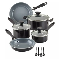 Farberware 12PC Ceramic Cookware Set Black Gray Reliance Pro Pan Pot Glasss