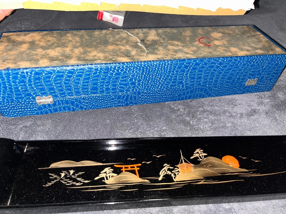 古董正版日本黑色漆器托盘杯/射击眼镜金色风景 7P — 第 4/4 张图片