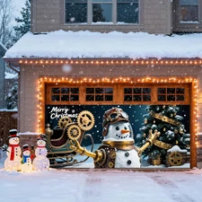 Large Merry Christmas Garage Door Cover with Mechanical Snowman 7x16 Ft
