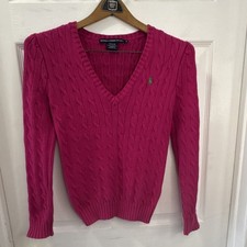 Ralph Lauren Sport Pink Cable-Knit V-Neck Long Sleeve Sweater 100 Cotton Size M