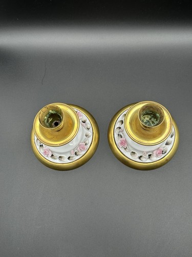 Pair Of Vintage Unique Brass And Porcelain Rose Candlestick Holders - Picture 10 of 13