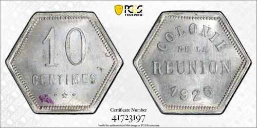 REUNION (French Colonial) Aluminum 10 Centimes Token 1920 NGC MS63
