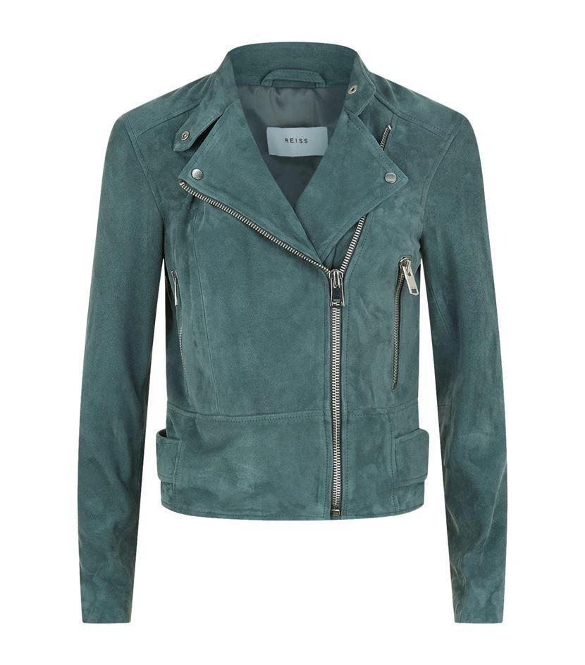 CLEAROUT ~ Reiss Grace Suede Biker Jacket in Moss Size UK 8 BNWT £395 - Image 2 of 4
