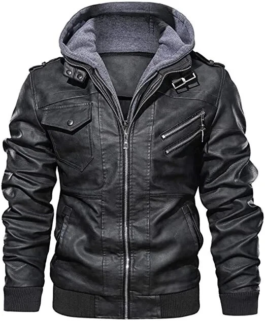 Vintage Bomber Hoodie with Removable Hood Men's Motorcycle Leather Jacket