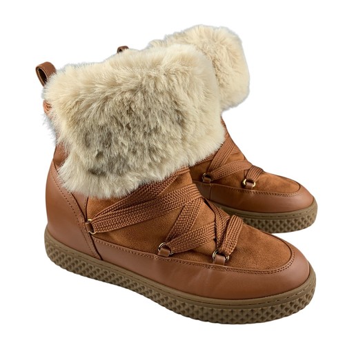 Aerosoles Women's Zoya Booties 8.5 Tan Faux Fur Cuff Lace Up Ankle Sneaker Boots