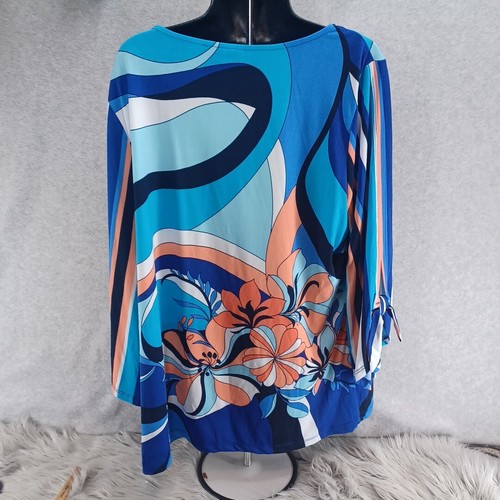 SUSAN GRAVER WOMEN’S SHIRT XL ORANGE WHITE Blue Bright Tied SLEEVE TOP BLOUSE - Picture 14 of 18