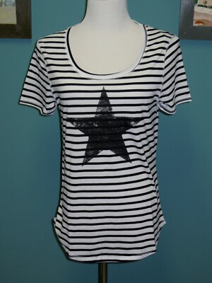 NWT Hello Gorgeous Women's T-Shirt Size M Black & White Striped with Black Star