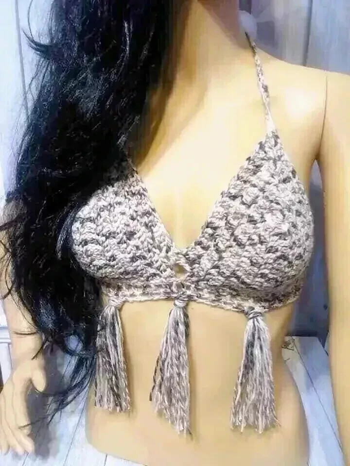 Boho crochet handmade bikini top with tassels for women summer B/C cup bra in brown