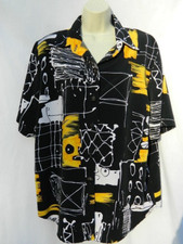 Amy Jess Blouse Womens Large S/S Button Up Black, White & Yellow Made in USA