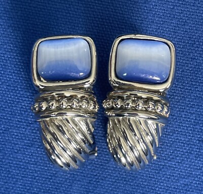 Classic Omaga Backed Blue Glass And SilverTone Pierced Earrings V03
