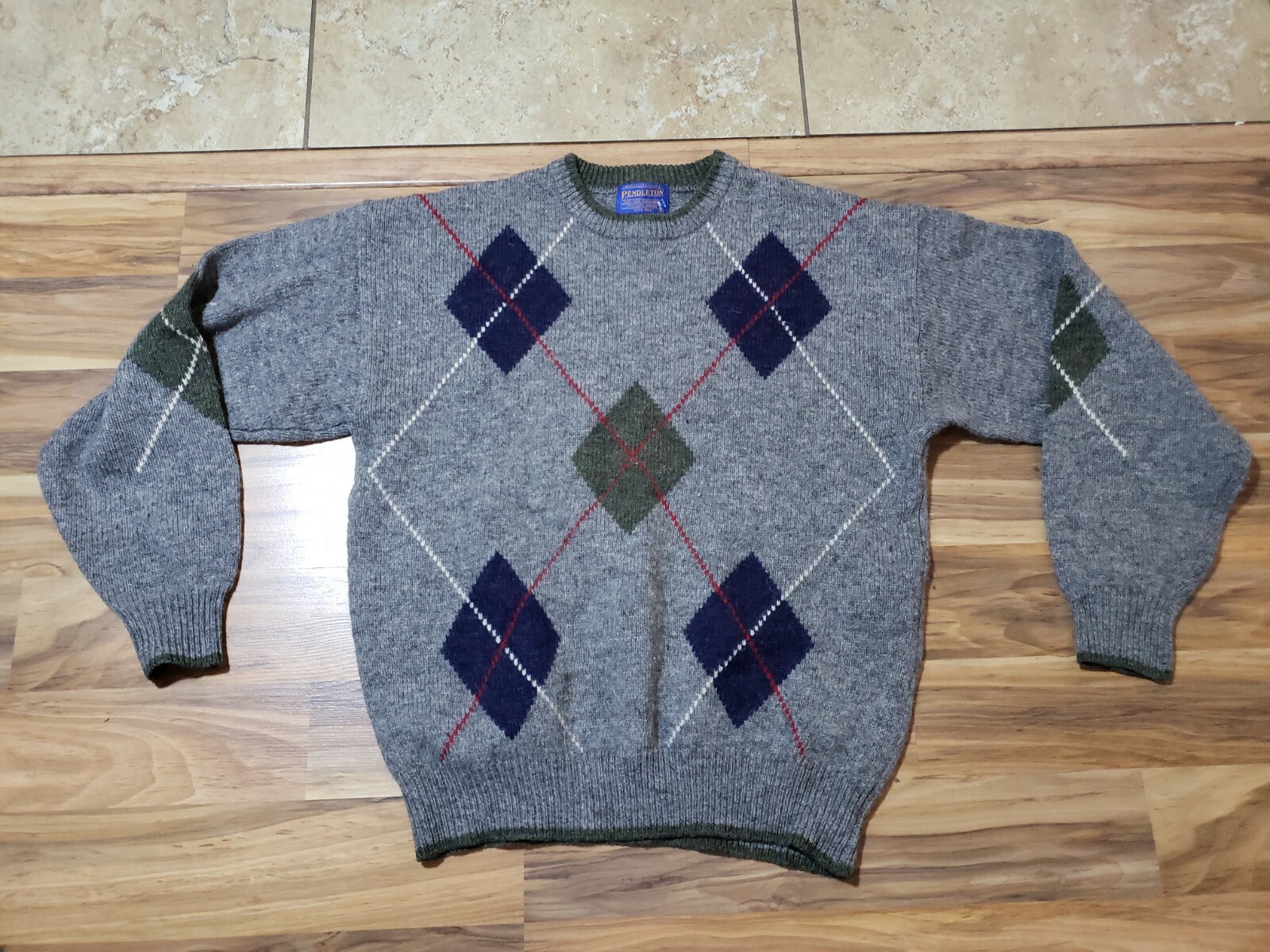 Pendleton Diamond Pattern Wool Gray Blue Green Sw… - image 1