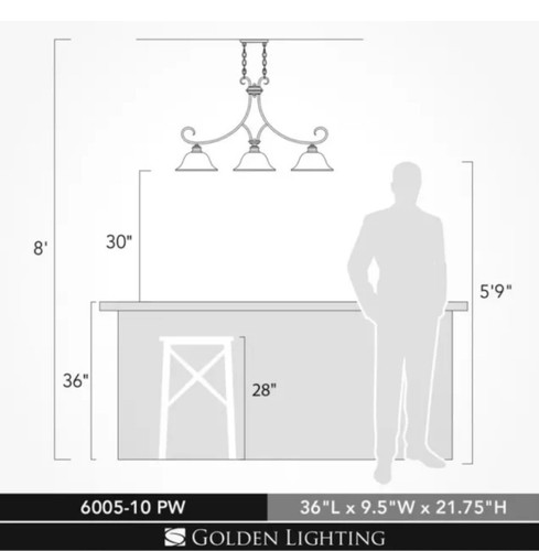 NEW Golden Lighting 6005-10 Pewter Lancaster 3-Light Linear Chandelier REt$275 - Picture 2 of 4